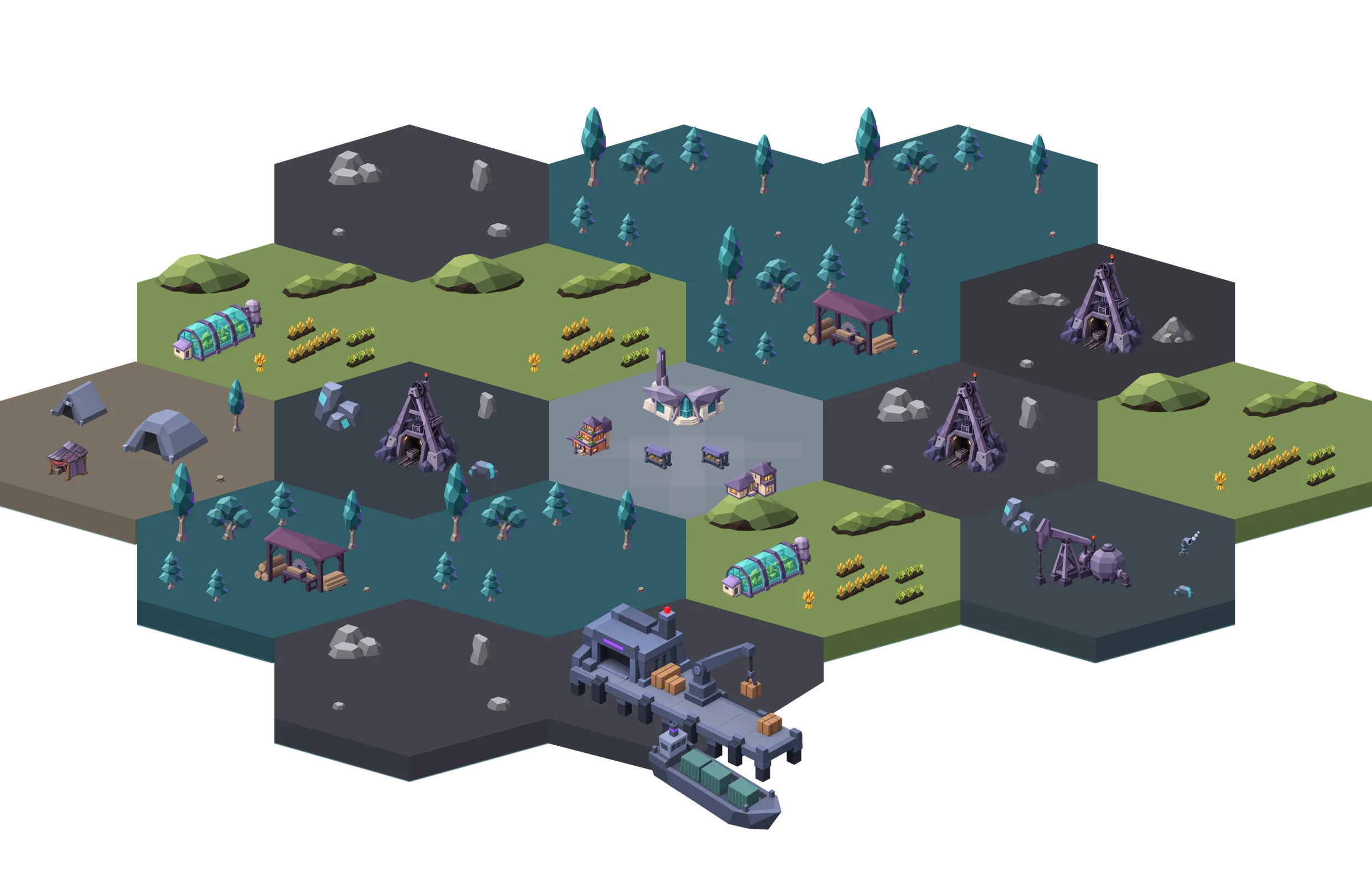 An Override city: an island of hex districts with forests, farms and mines around a town hall, and a port where a cargo ship is docked