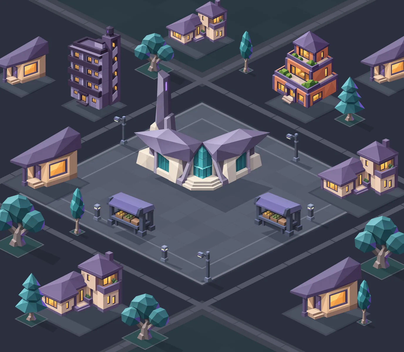 City Hall on the town square, with homes, market stalls and lit street lamps around it