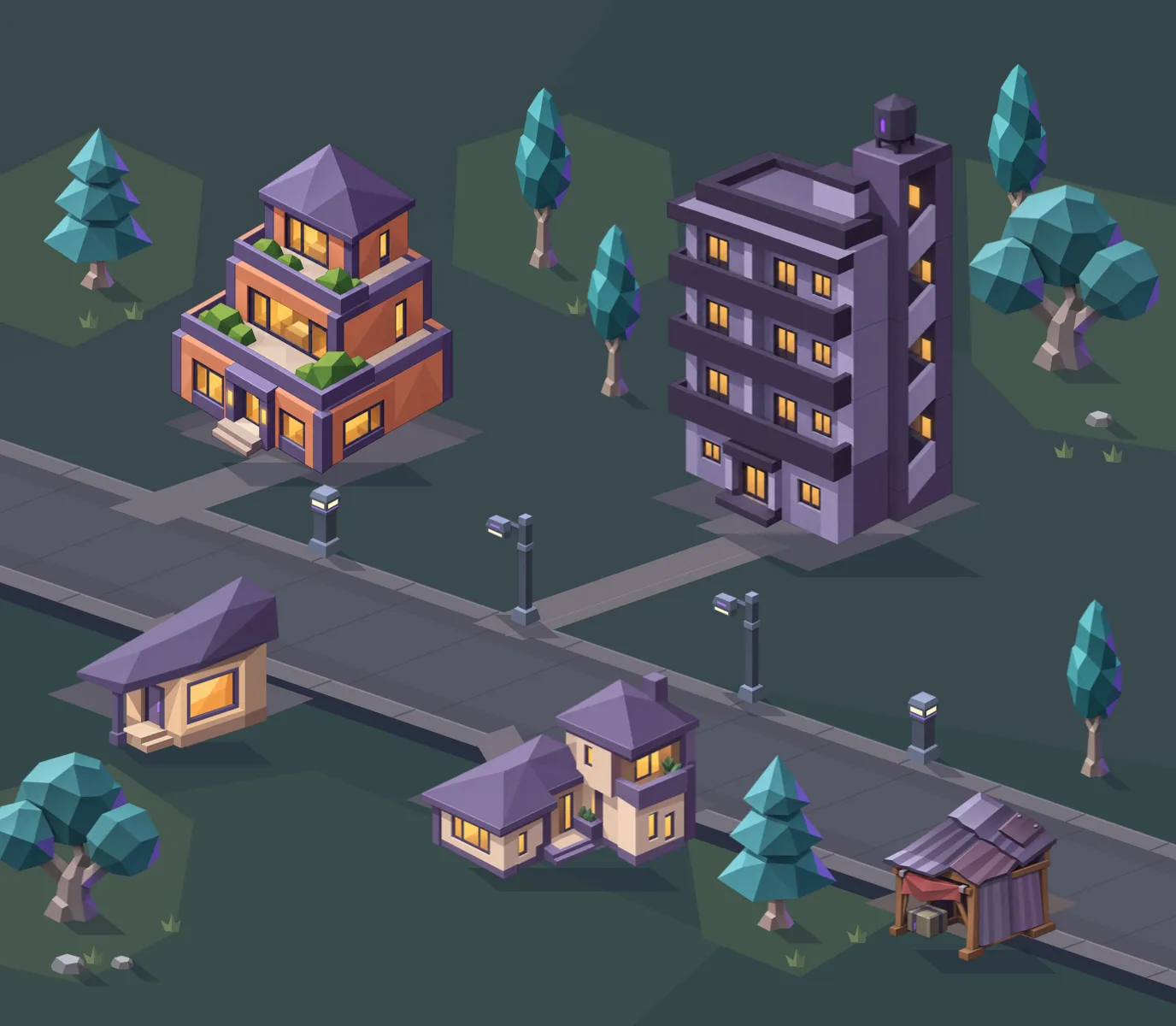 A residential street at dusk: a small shack, houses and an apartment block with lit windows