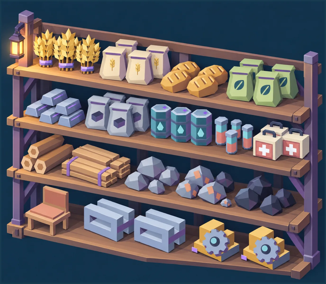 Shelves stocked with the city's goods: grain, flour, bread, metal ingots, planks, timber, stone, ore, coal, medicine, furniture, building blocks and machinery